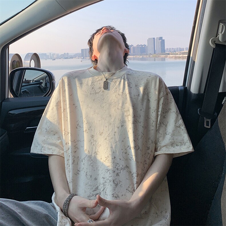得物抖音品质二开240克重磅宽松纯棉美式做旧扎染工艺短袖T恤,男装T恤,电商A486-1