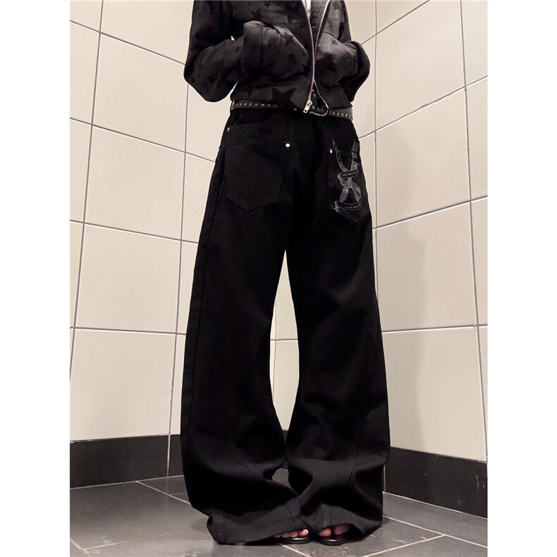 美式复古标语字母拼接牛仔裤男女辣妹宽松bf慵懒风弯刀裤潮NZ60,男装牛仔裤,星座516A