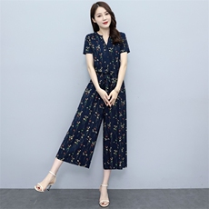 人棉长裙子夏女装V领波点小樱花清新印花松紧腰短袖碎花连衣裙，女装连体裤，木橙西子