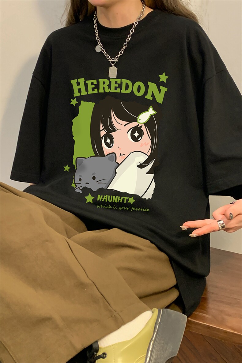 夏新款宽松美潮猫咪女孩可爱印花休闲短袖T恤T6097P25控38,男装T恤,电商A268