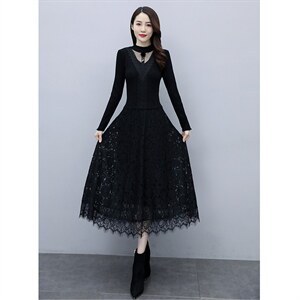 2023秋季新款半高领线衣花边配蕾丝长款打底连衣裙（配饰品)，女装连衣裙，安之芮娜