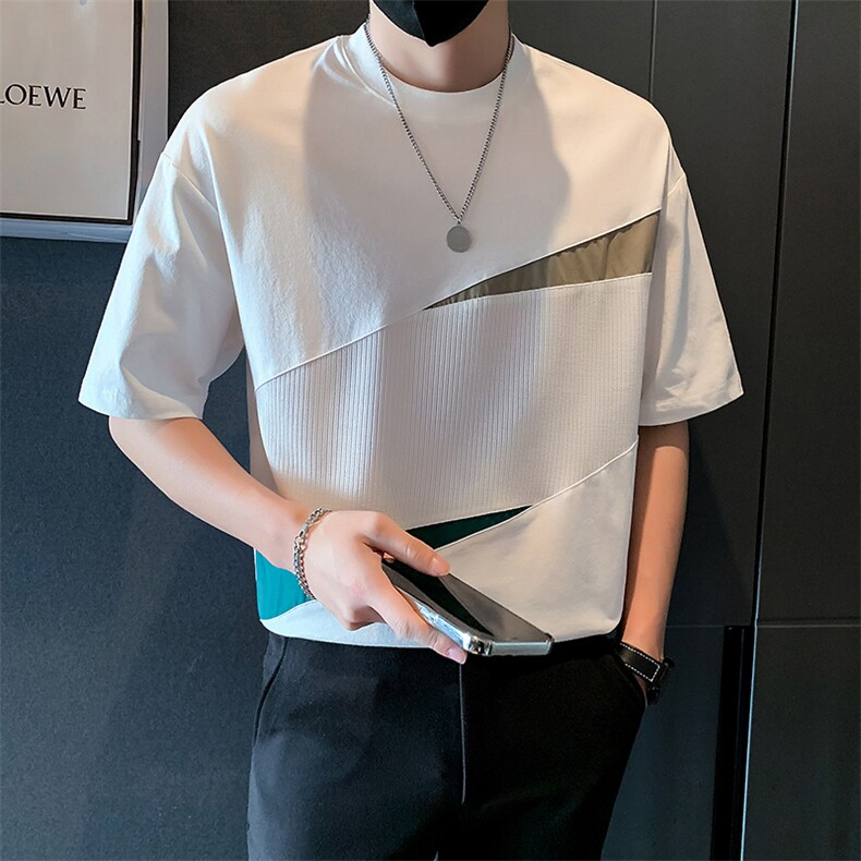 2025新款夏季短袖T恤男设计感潮牌拼接半袖体恤A313-1-K875-P55,男装T恤,电商A313-1