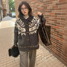 重磅秋冬北极绒开衫毛衣美式复古休闲慵懒风牛角扣针织衫连帽外套，男装针织衫/毛衣，电商A486