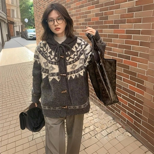重磅秋冬北极绒开衫毛衣美式复古休闲慵懒风牛角扣针织衫连帽外套图片