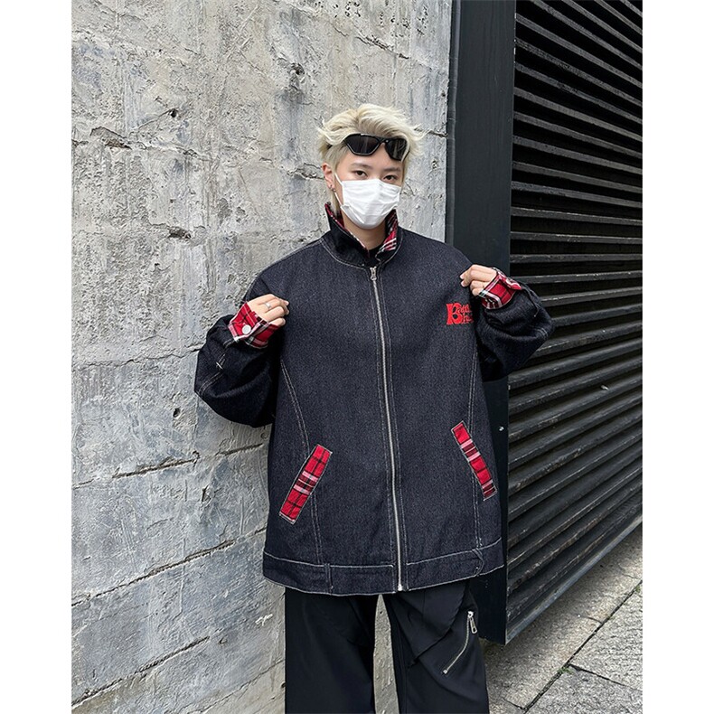 潮牌格子撞色翻领牛仔外套男女刺绣春秋情侣夹克上衣JK08365-P68,男装夹克,星座308B-1