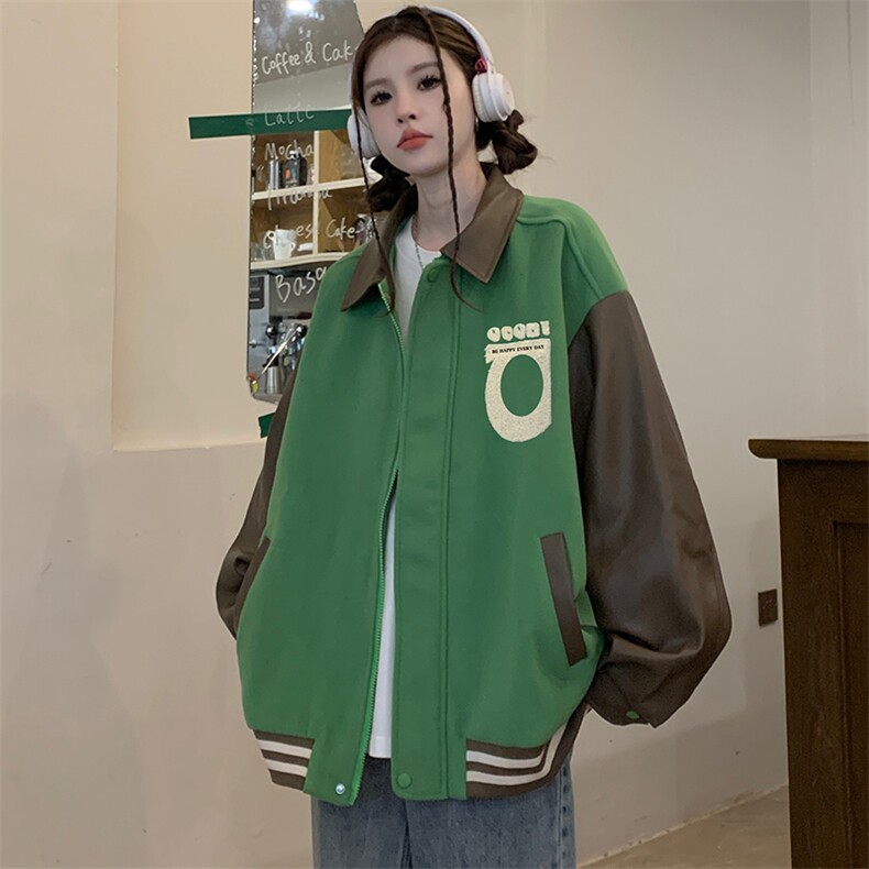 春秋美式复古pu皮拼接夹克外套男女同款棒球服潮C331-P85图片