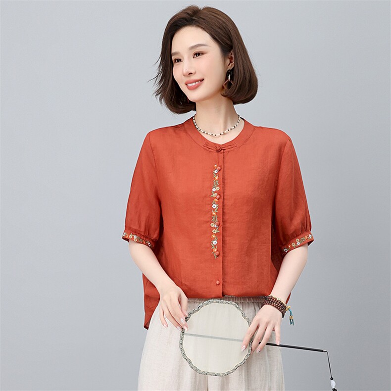 棉麻休闲女夏装2025夏季新款妈妈洋气时尚宽松衬衫苎麻,女装衬衫,涵誉