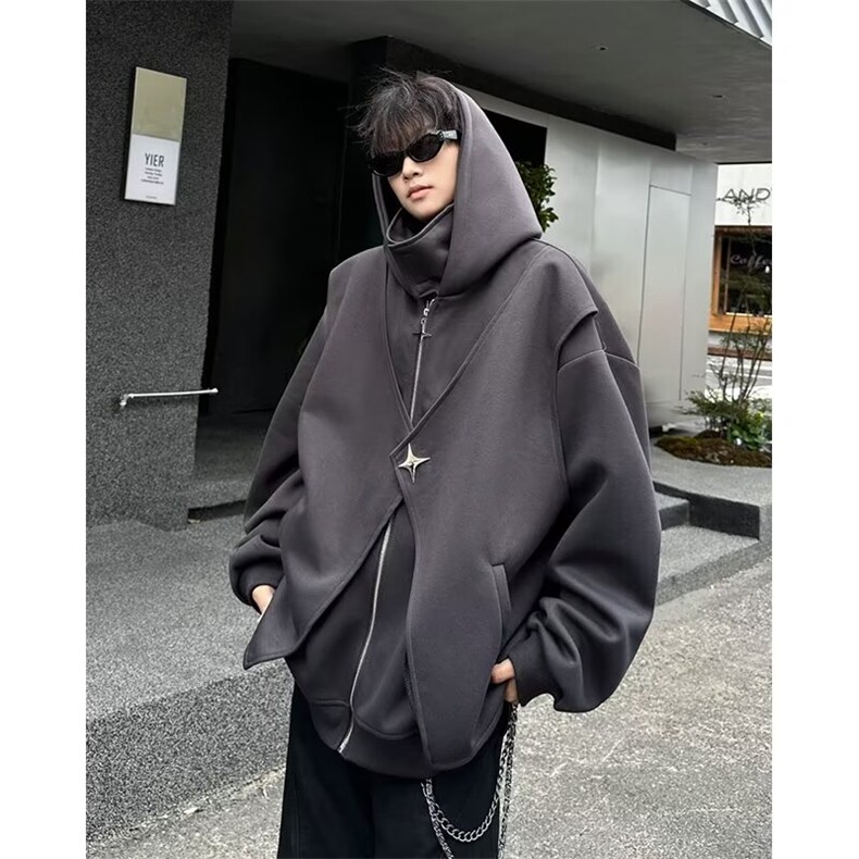 重工假两件开衫卫衣男款春秋高街vibe美式重磅硬挺大帽子机能外套，女装短外套，星座813-2