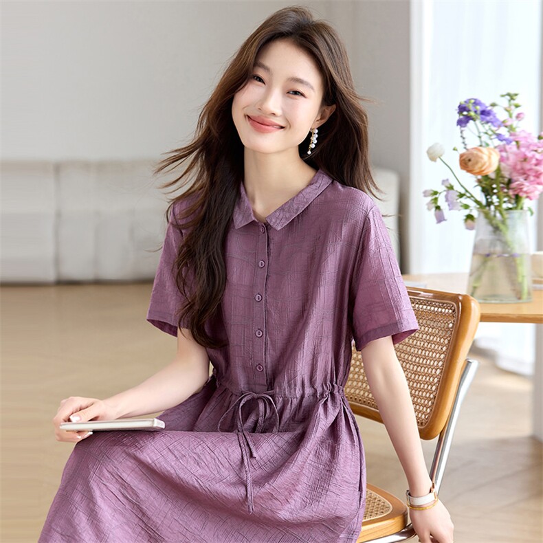 洋气紫色短袖连衣裙女2026夏季新款中年妈妈收腰系带显瘦衬衫裙子,女装连衣裙,简韵佳