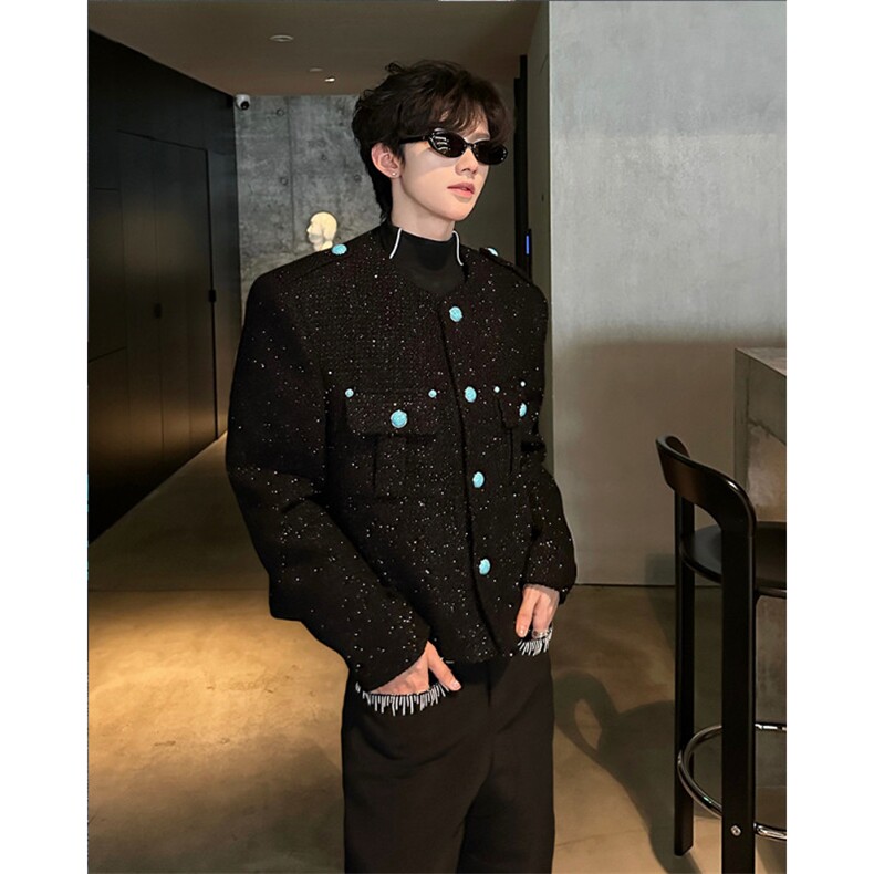 现货25设计感男士亮丝绿松石满天星毛呢小香风外套XXF33-P168,男装毛呢大衣,电商B288