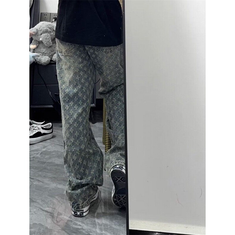 提花满印牛仔裤男潮牌设计感直筒裤美式高街微喇裤子N699-P45,男装牛仔裤,星座1001-1
