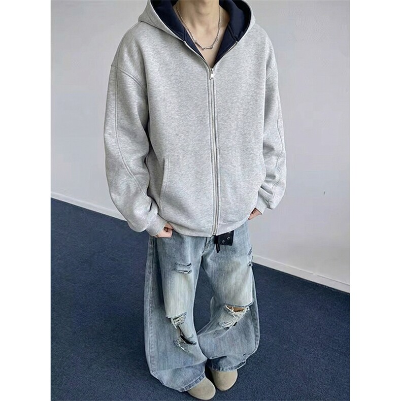 抖音得物高品质二开 26春装美式重磅宽松结构双面连帽卫衣外套W68图片