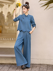 现货·现货2026年秋季牛仔阔腿裤新中式盘扣两件套装，女装套装/套裙，艾仟回(原伊仟回)