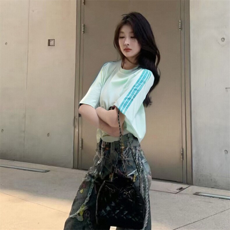 抖音得物品质二开240克宽松纯棉美式潮牌印花三条杠中性风短袖T恤,男装T恤,电商A486-1