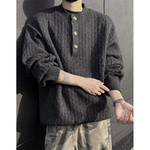 男装慵懒麻花条纹针织衫男修身长袖卫衣亨利领扭绳毛衣 M041图片