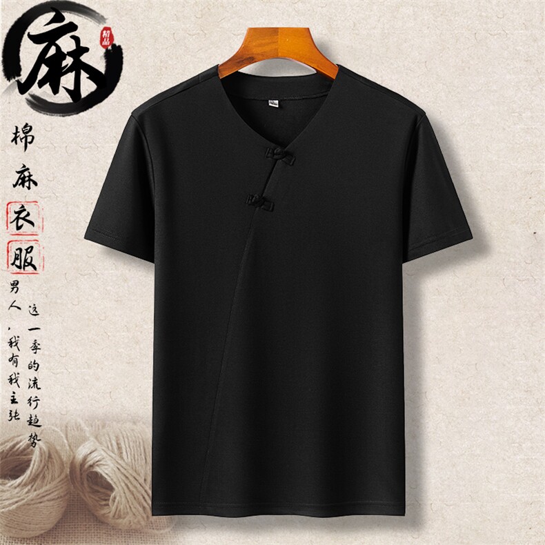 长年货棉麻短袖T恤男士中青年风盘扣复古夏体恤半袖上衣,男装T恤,钱塘723