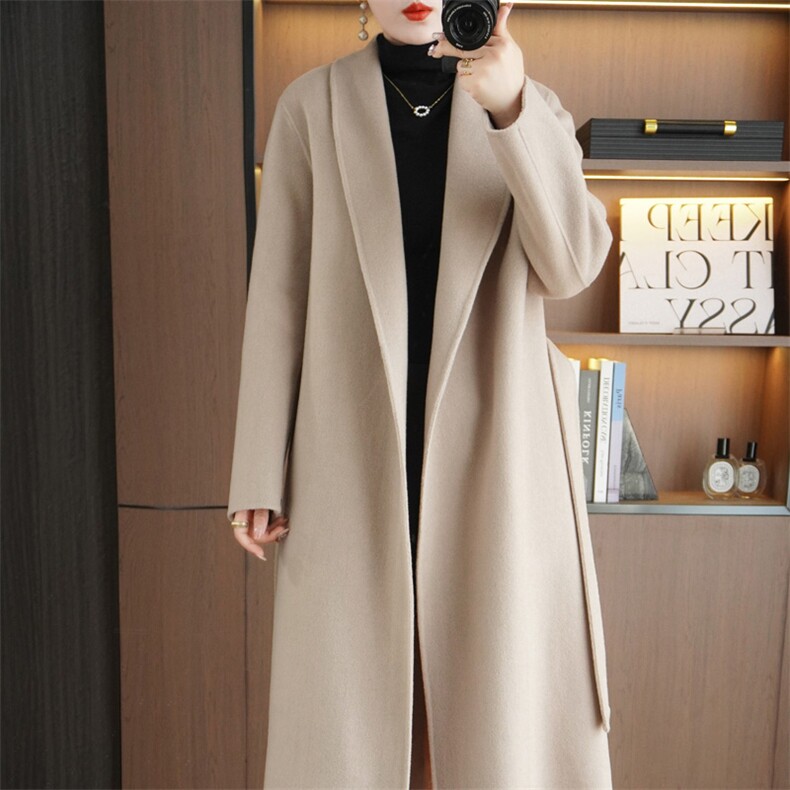女士羊毛大衣长款简约设计秋冬保暖羊毛,女装双面呢大衣,赛欧妮