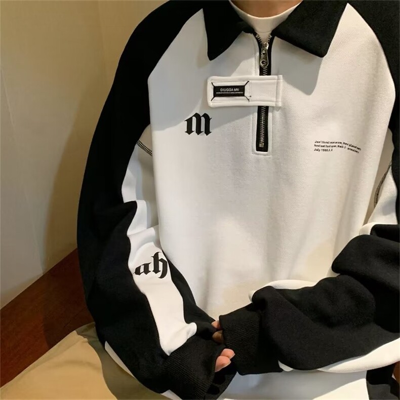 黑白撞色POLO衫卫衣男宽松休闲ins超火拼接上衣ZG09P38,男装卫衣,星座1116-2