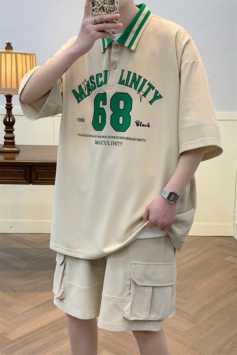 夏季港风休闲冰丝短袖POLO衫套装男情侣半袖短裤两件套6630-P55,男装T恤,电商A441-1