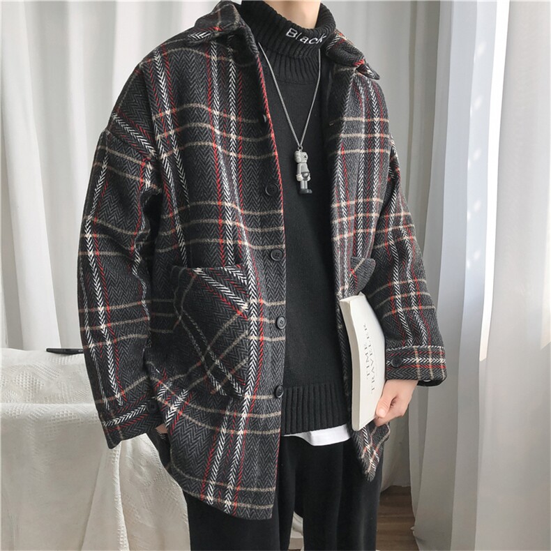 毛呢大衣男秋冬季加厚ins港风宽松风衣呢子西服格子外套3005-p70,男装西服,星座1008-2