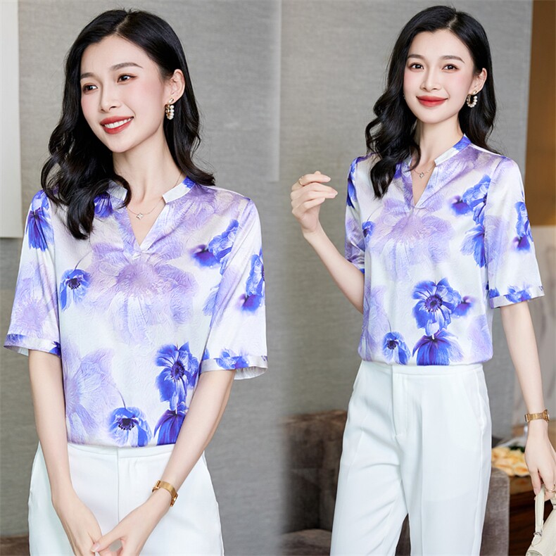 v领真丝衬衫女短袖夏季2025新款宽松大码印花桑蚕丝上衣中年妈妈,女装衬衫,阿舍尔精品