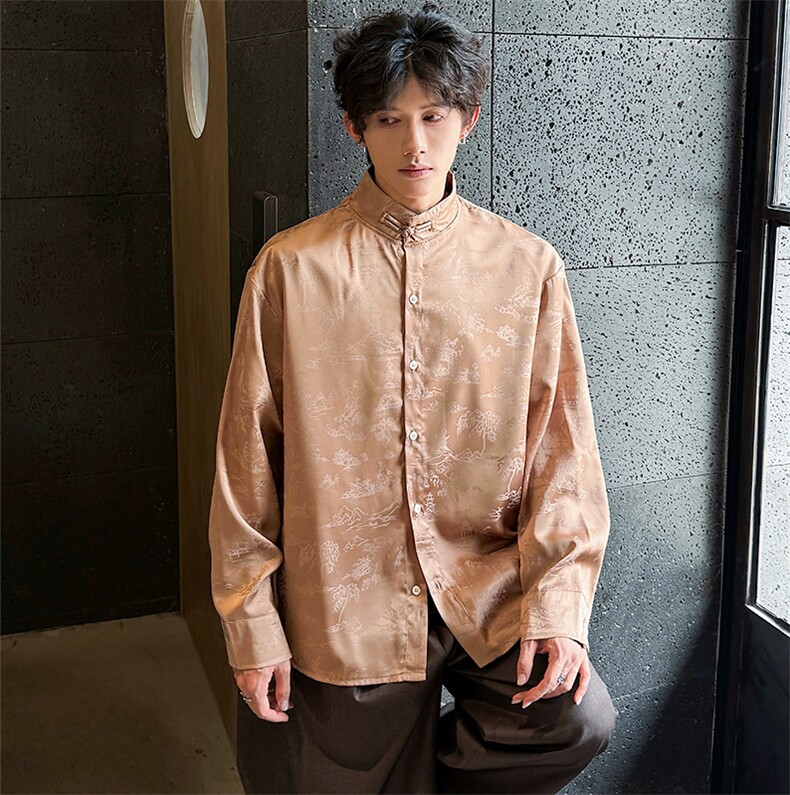 现货男士提花立领盘扣衬衫新中式特色长袖CS01-P75控98,男装衬衫,电商A021