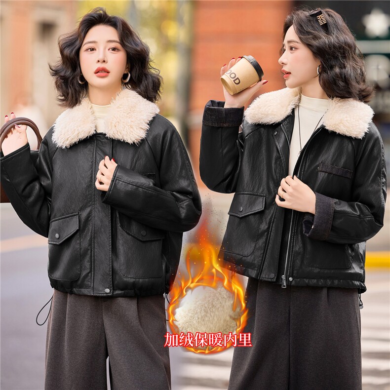 现货时尚洋气毛领短款皮衣女冬新款加绒加厚拼接气质皮衣外套，女装皮衣，江南女神