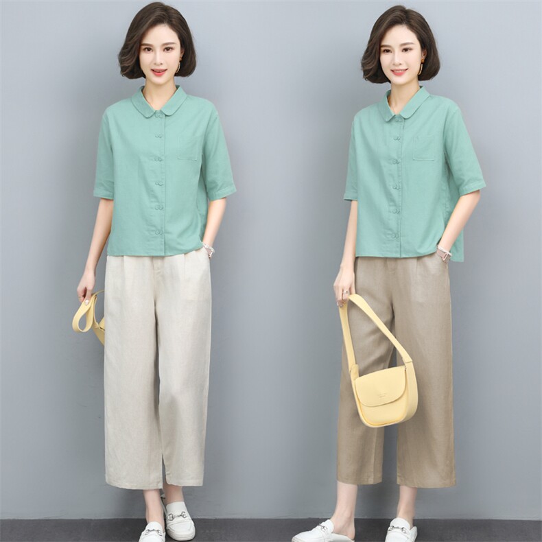 棉麻衬衫女夏季薄款2024年新款复古宽松中年妈妈气质休闲亚麻上衣,女装套装/套裙,璐依舞