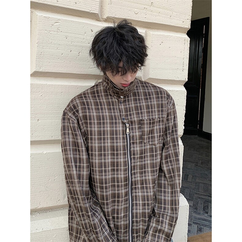 日系复古格子休闲衬衫男女同款潮流ins宽松衬衣HY712TP55,男装衬衫,电商A102B