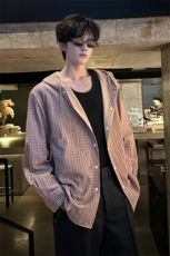 春秋男士韩系学院风设计长袖连帽格子款式衬衫外套上衣P60，男装衬衫，电商B319