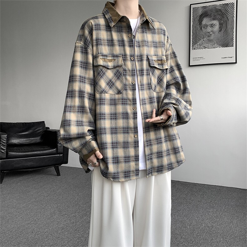 8XL美式复古拼接撞色设计感秋季格子长袖衬衣男宽松衬衣CS538P65,男装衬衫,电商D206-1