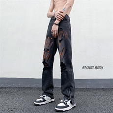 B221美式ins高街暗黑小众拉链喷墨破洞牛仔裤LK23085-P65控88，男装牛仔裤，电商B221