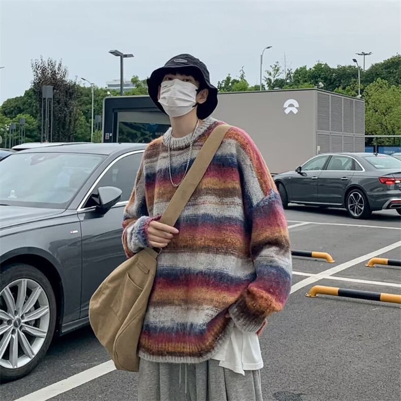 港风秋冬男针织衫圆领毛衣针织衫条纹拼色毛线衣外M7309-P65,男装针织衫/毛衣,星座1109-3