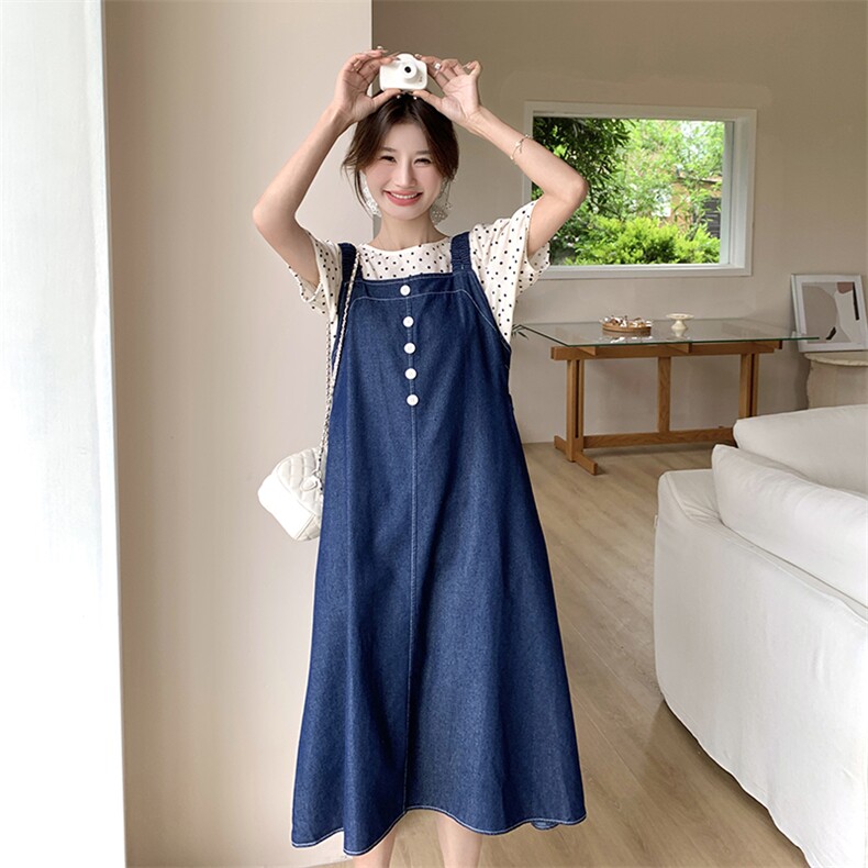 新款现货主推波点上衣+牛仔背带裙9833-P135-K188,女装连衣裙,2C129