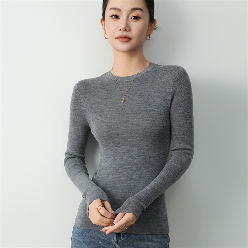 可机洗扬子纱精纺超细羊毛修身打底衫女圆领内搭薄款春秋冬,女装羊毛衫,挚尚羊绒
