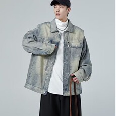 垫肩拉链设计蓝色牛仔外套夹克男牛仔外套潮牌痞帅夹克J682-P65，男装工装外套，星座1001-1