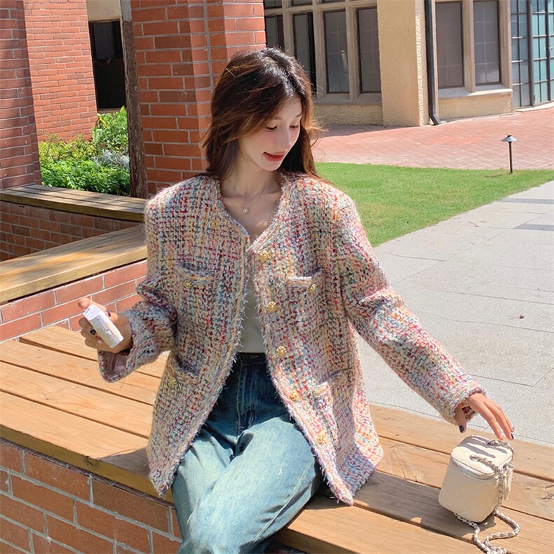 彩色圆领小香风粗花呢短外套女春季2025新款气质宽松百搭编织上衣，女装毛呢外套，天使之佳话