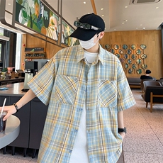 复古街头粉色格子短袖衬衫男宽松休闲百搭情侣外套C139-P35，男装衬衫，星座308B-2