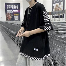 棋盘格拼接短袖T恤男夏季高街小众设计感潮牌半袖上衣T1314-P30，男装T恤，星座512-2