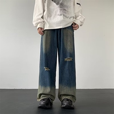 复古美式高街直筒牛仔裤简约风破洞裤宽松拖地裤子NK251P48，男装牛仔裤，星座410-2