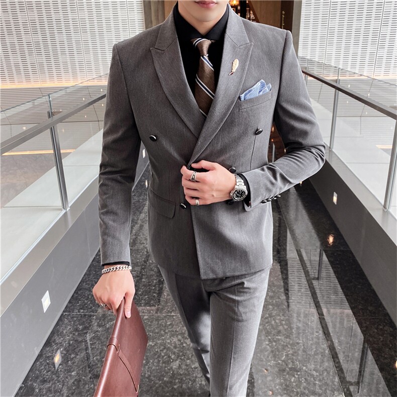 休闲西服套装男士三件套韩版修身新郎结婚礼服潮英伦双排扣小西装,男装西服套装,星座505-2（原电商A260-1)
