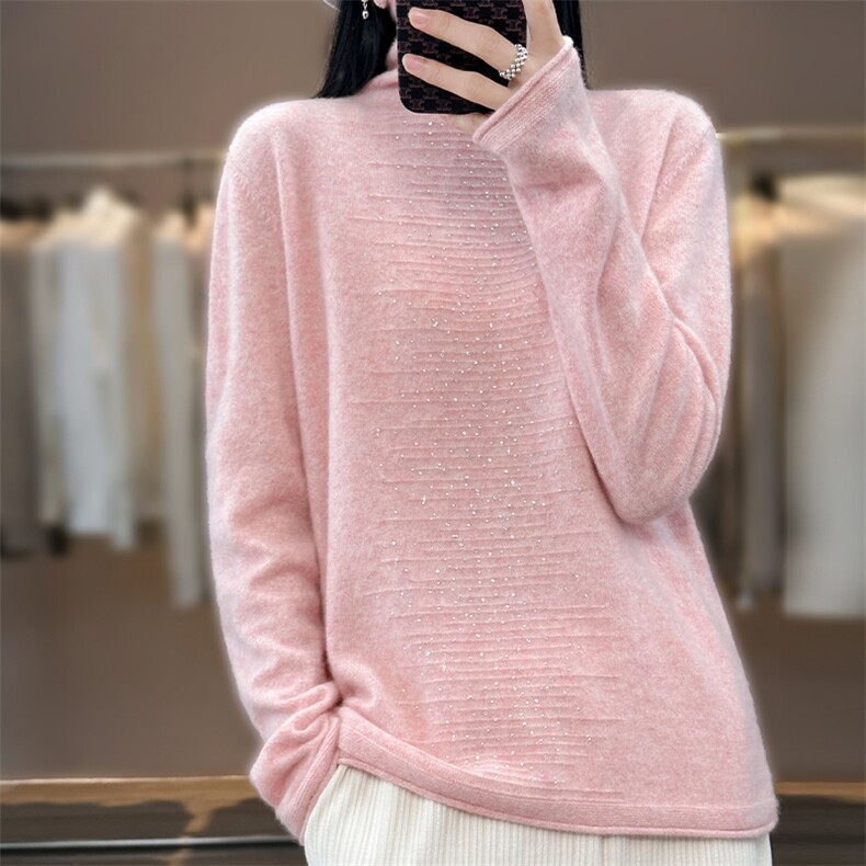 卷边高领100%纯羊毛衫女秋冬提花镶钻长袖针织毛衣宽松羊绒打底衫图片
