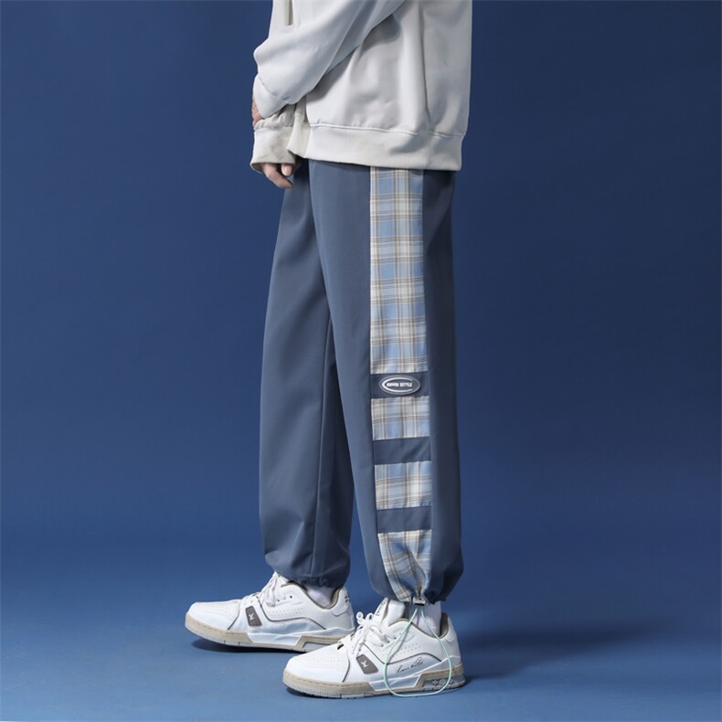 K6013/P40春装新中性风蓝底格子撞色休闲裤男宽松大码潮裤子控58，女装休闲裤，电商A141