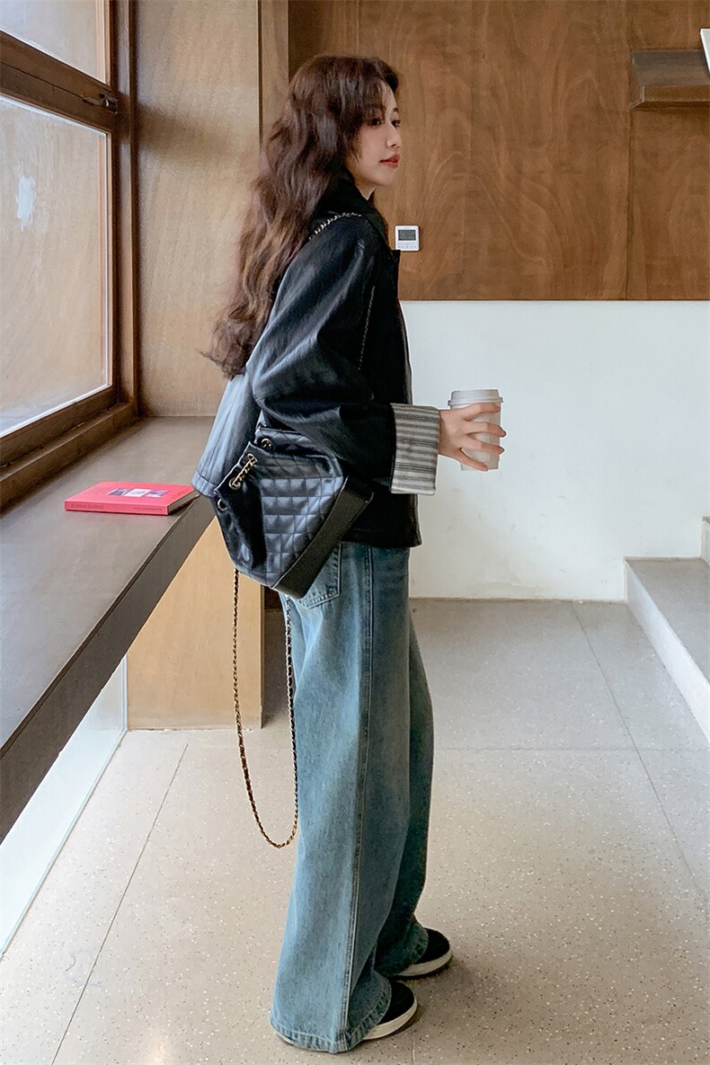 薄款漆皮插肩袖轻职风宽松型皮衣复古短款牛仔风,女装短外套,2C032