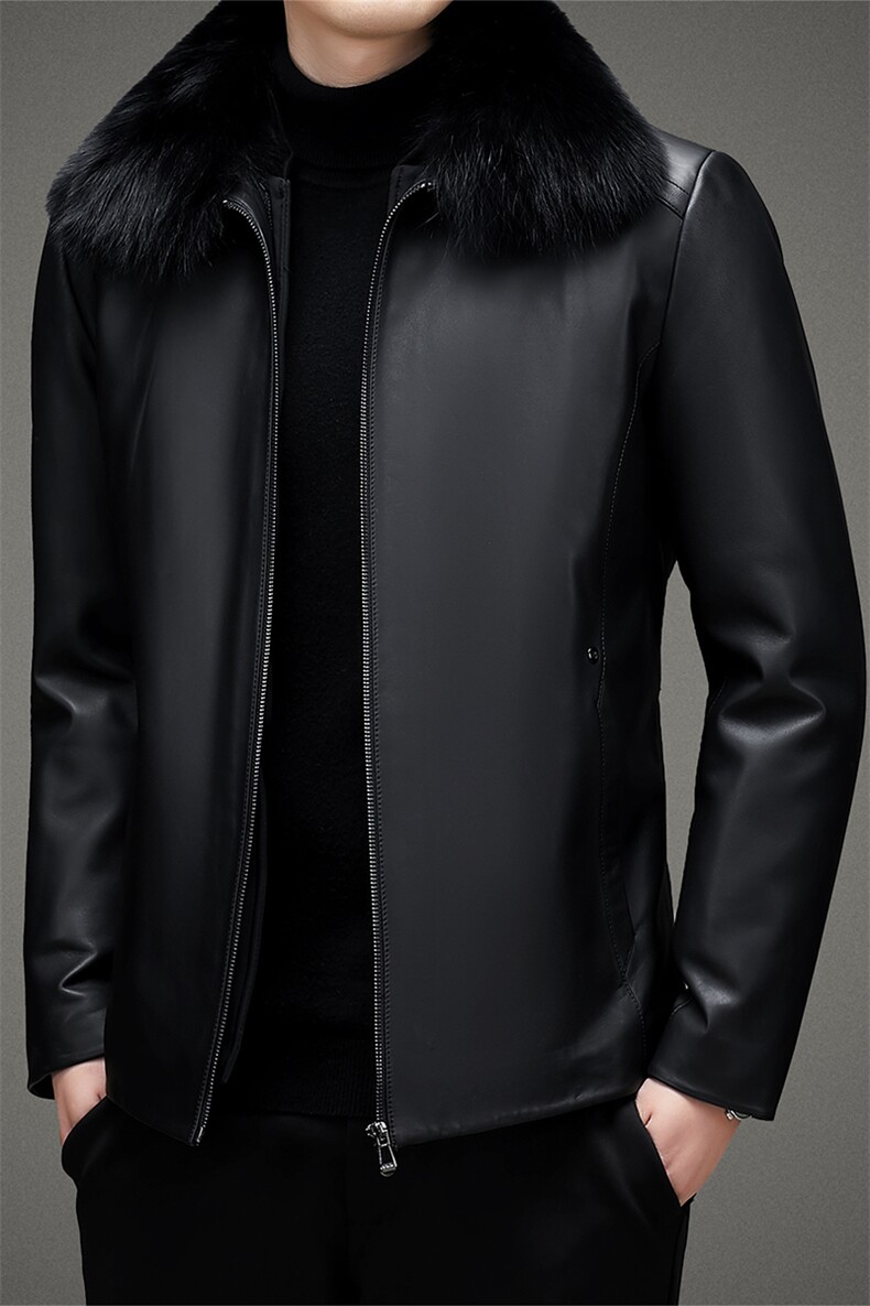 MJ2218冬季新款男士派克服兔毛内胆绵羊皮真皮皮衣男狐狸毛领P755,男装皮衣,电商B360A（原721A）