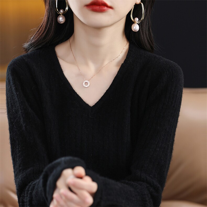 V领坑条羊毛衫女2024春秋新款修身内搭长袖打底针织衫,女装羊毛衫,桦兴羊绒
