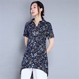 2021年夏季短袖中长款纽扣碎花原创设计气质简约衬衫，女装衬衫，丽影随形