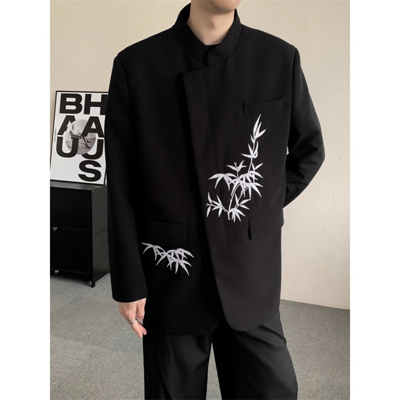 新中式立领西服外套男士2025春秋新款竹子刺绣中山装新郎订婚礼服图片