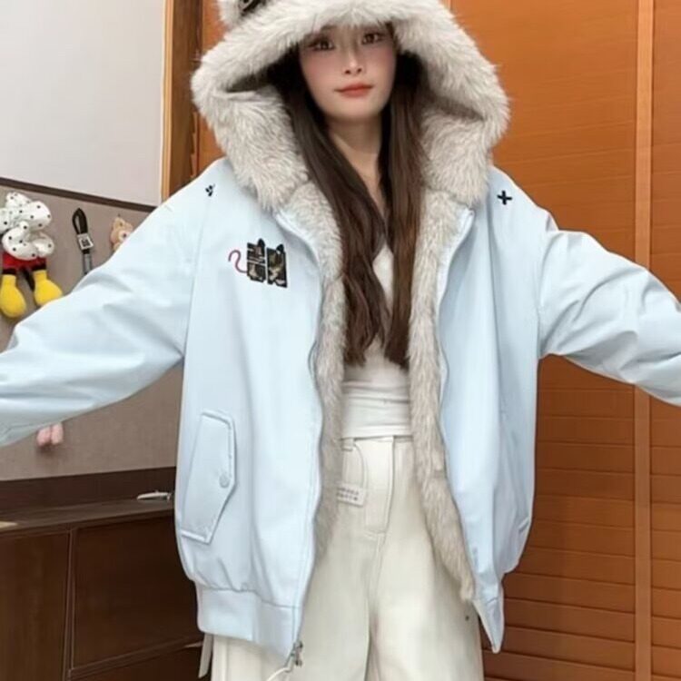 2025冬季美式复古毛领刺绣连帽开衫棉服男女潮牌春秋情侣保暖外套,男装棉衣,星座506A