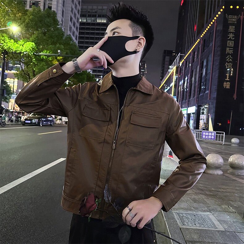 高级感翻领多口袋工装机车皮衣男款外套A368-P2306-P118绒128,男装皮衣,电商A368
